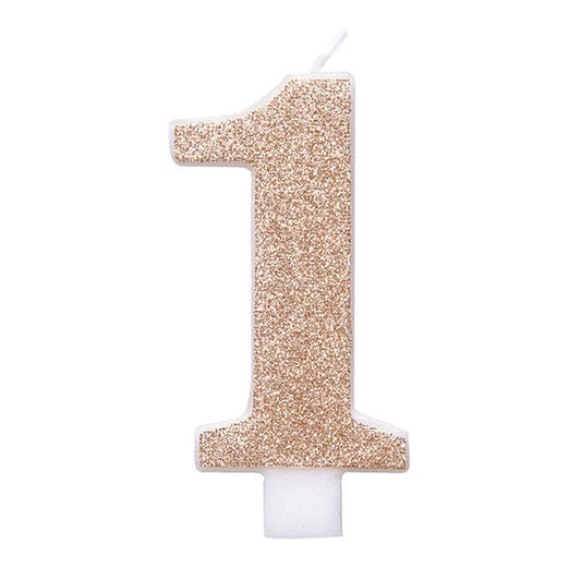 Glitter Rose Gold Numeral Candle - 1 - The Party Marketplace
