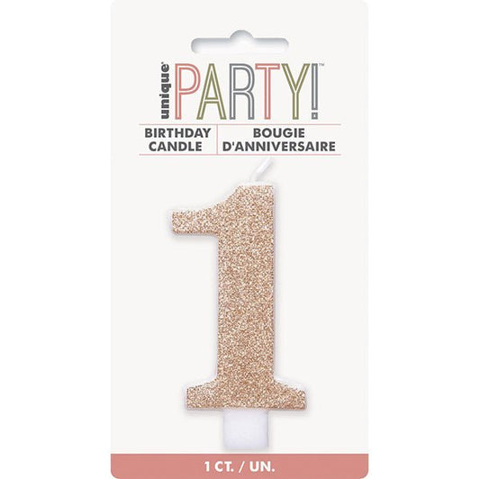 Glitter Rose Gold Numeral Candle - 1 - The Party Marketplace