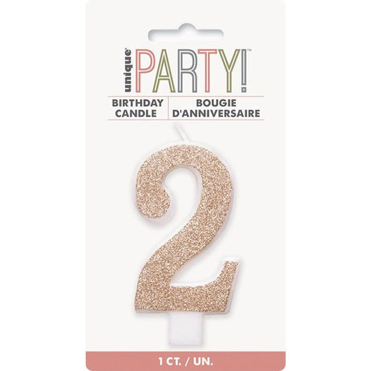Glitter Rose Gold Numeral Candle - 2 - The Party Marketplace