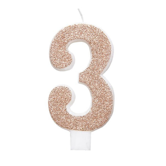 Glitter Rose Gold Numeral Candle - 3 - The Party Marketplace
