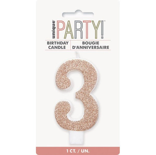 Glitter Rose Gold Numeral Candle - 3 - The Party Marketplace
