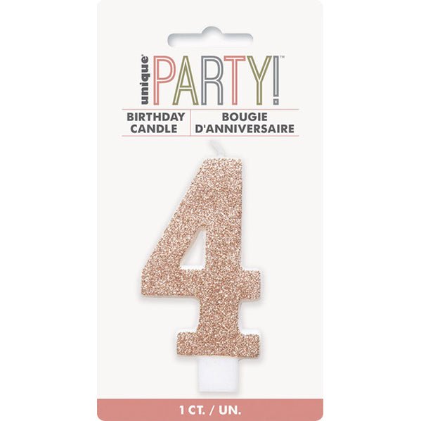 Glitter Rose Gold Numeral Candle - 4 - The Party Marketplace