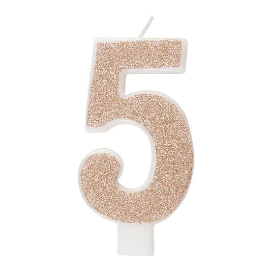 Glitter Rose Gold Numeral Candle - 5 - The Party Marketplace