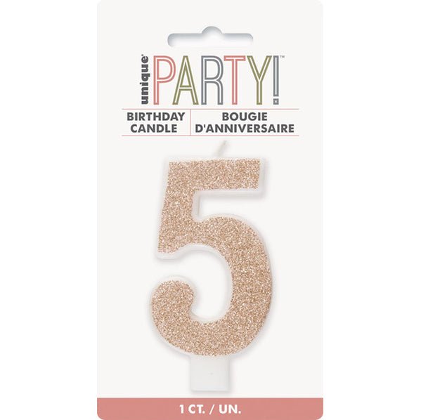 Glitter Rose Gold Numeral Candle - 5 - The Party Marketplace