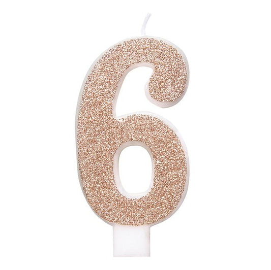 Glitter Rose Gold Numeral Candle - 6 - The Party Marketplace