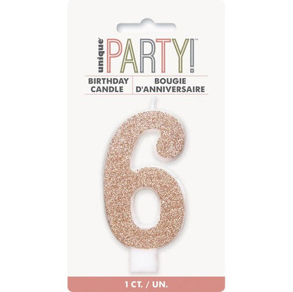 Glitter Rose Gold Numeral Candle - 6 - The Party Marketplace