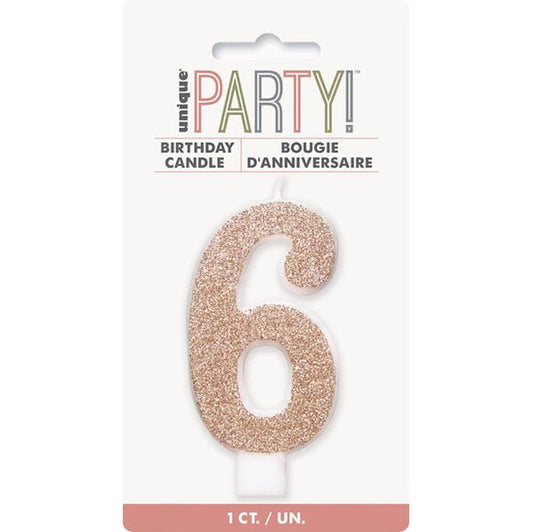 Glitter Rose Gold Numeral Candle - 6 - The Party Marketplace