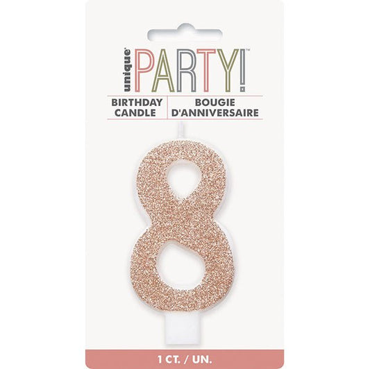 Glitter Rose Gold Numeral Candle - 8 - The Party Marketplace