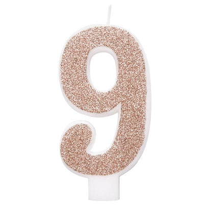 Glitter Rose Gold Numeral Candle - 9 - The Party Marketplace