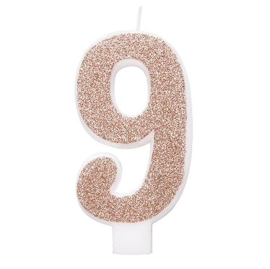 Glitter Rose Gold Numeral Candle - 9 - The Party Marketplace