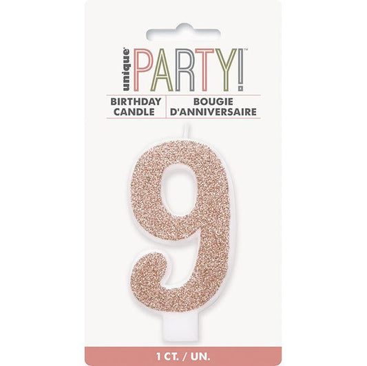 Glitter Rose Gold Numeral Candle - 9 - The Party Marketplace