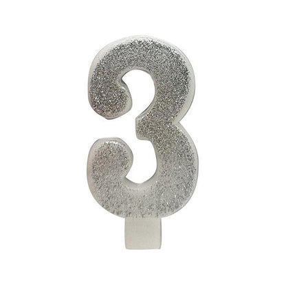 Glitter Silver Numeral Candle - 3 - The Party Marketplace