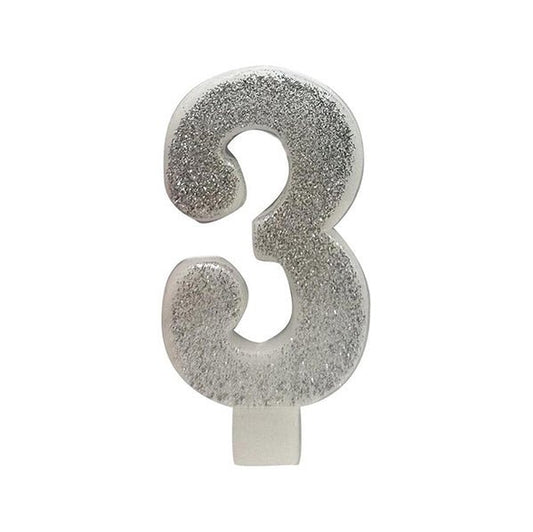 Glitter Silver Numeral Candle - 3 - The Party Marketplace