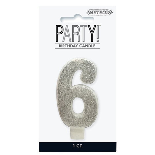 Glitter Silver Numeral Candle - 6 - The Party Marketplace