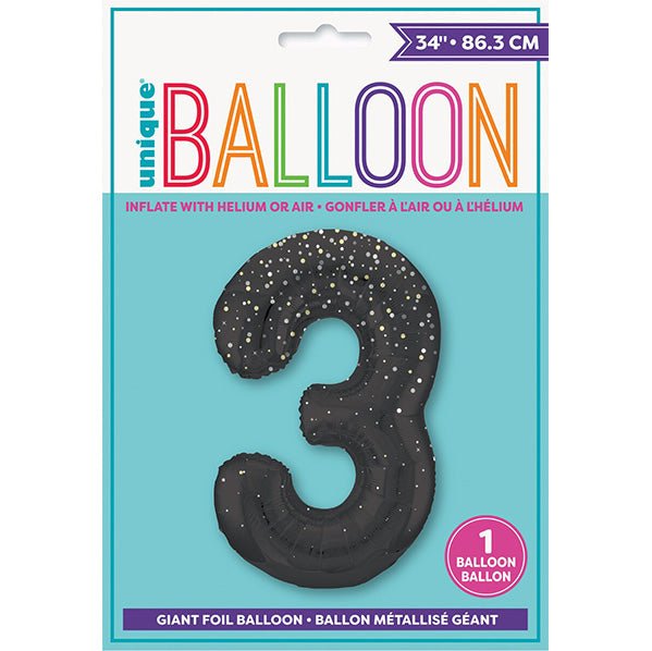 Glitz Black "3" Numeral Foil Balloon (86cm) - The Party Marketplace
