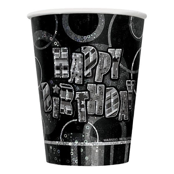 Glitz Black "Happy Birthday" Paper Cups 270ml (Pack of 8) - The Party Marketplace