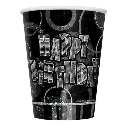 Glitz Black "Happy Birthday" Paper Cups 270ml (Pack of 8) - The Party Marketplace