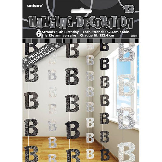 Glitz Black & Silver "13" Hanging Decorations (Pack of 6) - The Party Marketplace