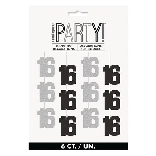 Glitz Black & Silver "16" Hanging Decorations (Pack of 6) - The Party Marketplace