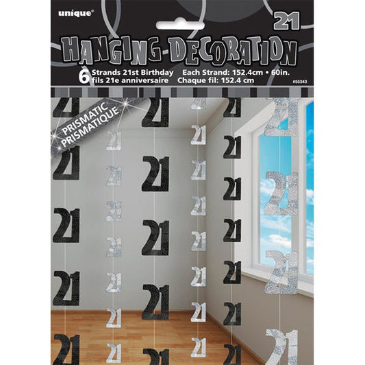 Glitz Black & Silver "21" Hanging Decorations (Pack of 6) - The Party Marketplace