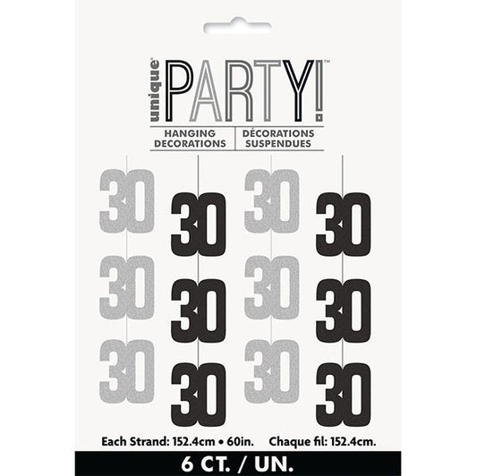 Glitz Black & Silver "30" Hanging Decorations (Pack of 6) - The Party Marketplace