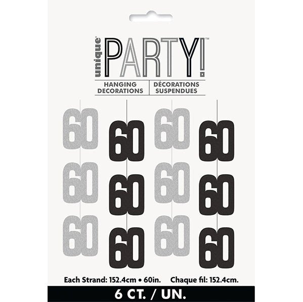 Glitz Black & Silver "60" Hanging Decorations (Pack of 6) - The Party Marketplace