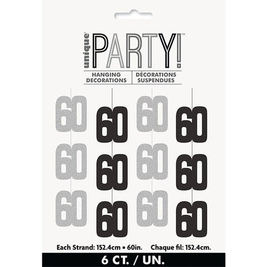 Glitz Black & Silver "60" Hanging Decorations (Pack of 6) - The Party Marketplace