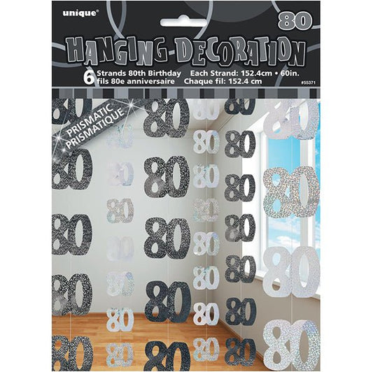 Glitz Black & Silver "80" Hanging Decorations (Pack of 6) - The Party Marketplace