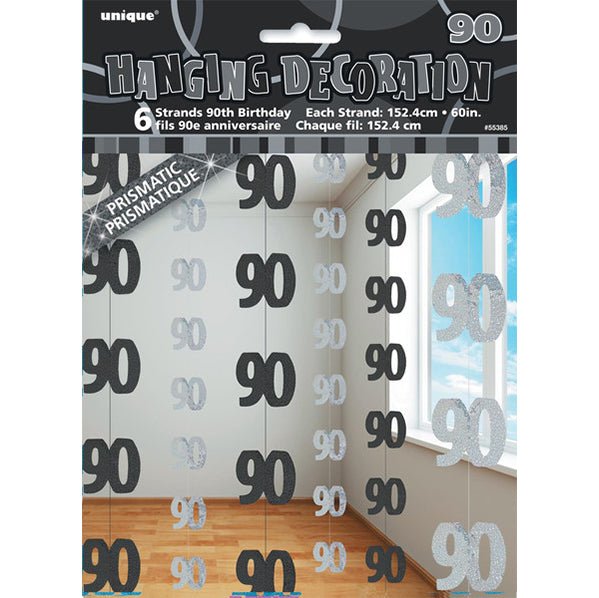 Glitz Black & Silver "90" Hanging Decorations (Pack of 6) - The Party Marketplace