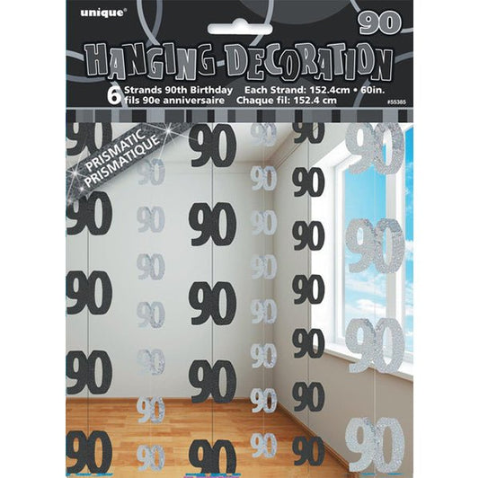 Glitz Black & Silver "90" Hanging Decorations (Pack of 6) - The Party Marketplace