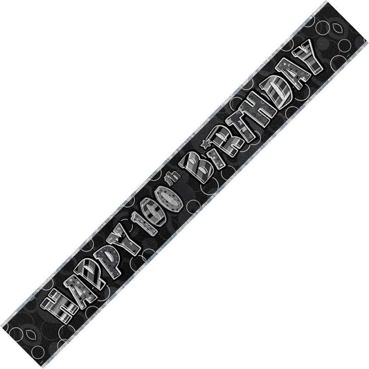 Glitz Black & Silver "Happy 100th Birthday" Foil Banner - 3.65m - The Party Marketplace