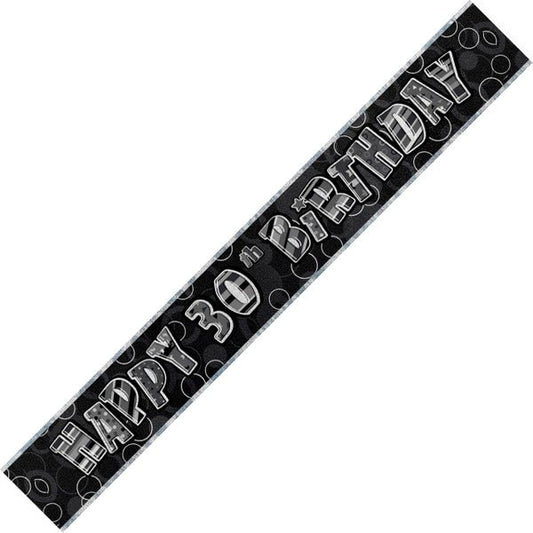 Glitz Black & Silver "Happy 30th Birthday" Foil Banner - 3.65m - The Party Marketplace