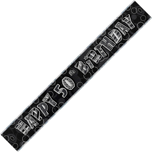 Glitz Black & Silver "Happy 50th Birthday" Foil Banner - 3.65m - The Party Marketplace