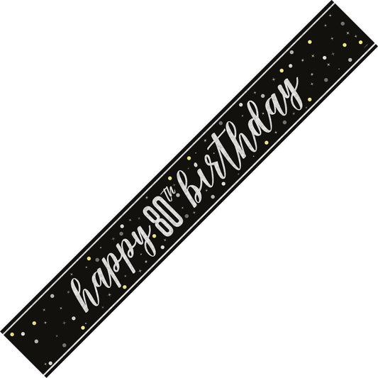 Glitz Black & Silver "Happy 80th Birthday" Foil Banner - 2.74m - The Party Marketplace