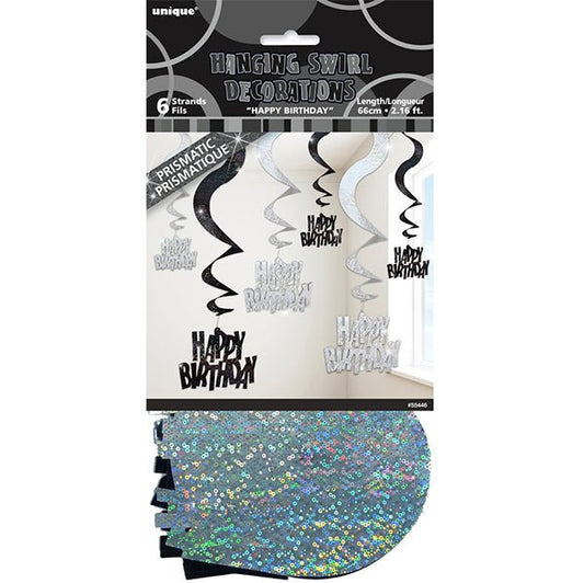 Glitz Black & Silver "Happy Birthday" Prismatic Hanging Swirl Decorations (Pack of 6) - The Party Marketplace