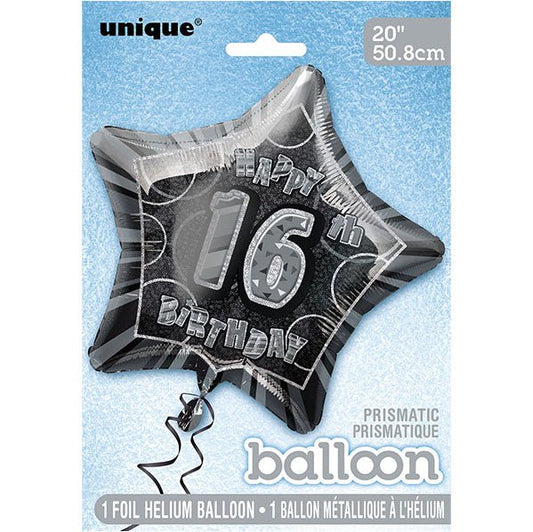 Glitz Black Star "16" Foil Balloon 50cm - The Party Marketplace
