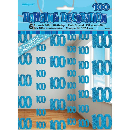 Glitz Blue "100" Hanging Decorations (Pack of 6) - The Party Marketplace