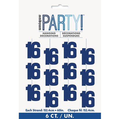 Glitz Blue "16" Hanging Decorations (Pack of 6) - The Party Marketplace