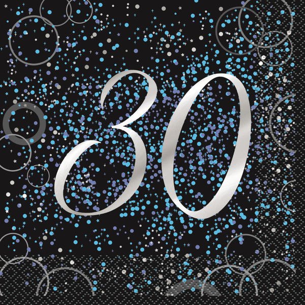 Glitz Blue "30" Foil Stamped Luncheon Napkins (Pack of 16) - The Party Marketplace