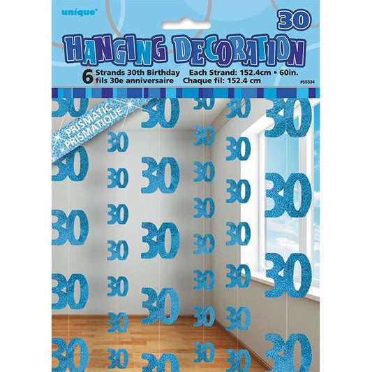 Glitz Blue "30" Hanging Decorations (Pack of 6) - The Party Marketplace