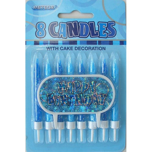 Glitz Blue 8 Candles With "Happy Birthday" Decoration - The Party Marketplace