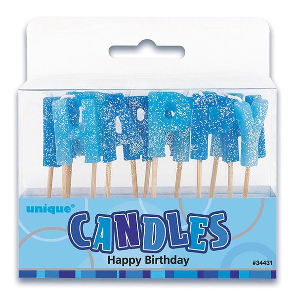 Glitz Blue Glitter "Happy Birthday" Pick Candles - The Party Marketplace