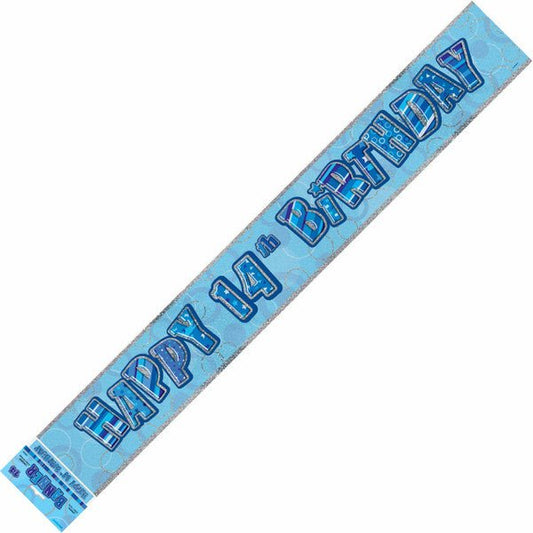 Glitz Blue "Happy 14th Birthday" Prismatic Foil Banner - 3.65m - The Party Marketplace