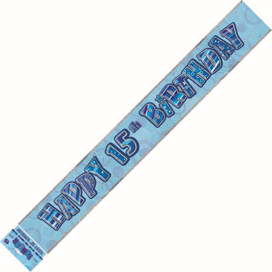 Glitz Blue "Happy 15th Birthday" Prismatic Foil Banner - 3.65m - The Party Marketplace