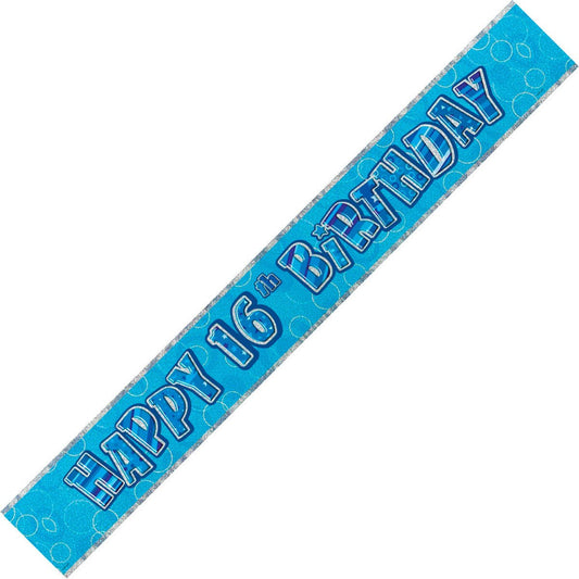 Glitz Blue "Happy 16th Birthday" Foil Banner - 3.65m - The Party Marketplace