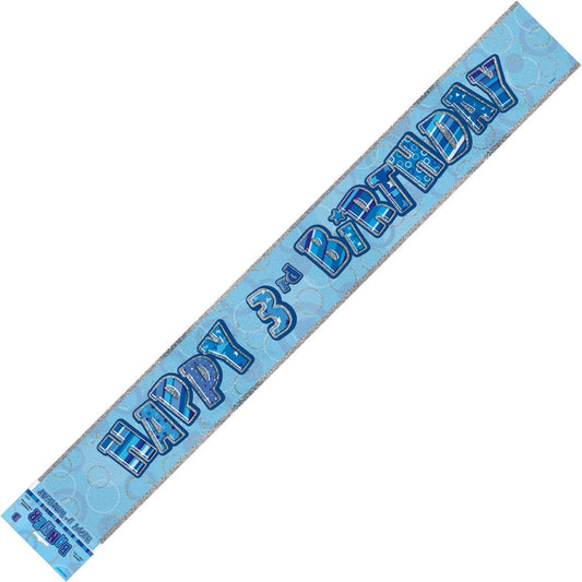 Glitz Blue "Happy 3rd Birthday" Prismatic Foil Banner - 3.65m - The Party Marketplace