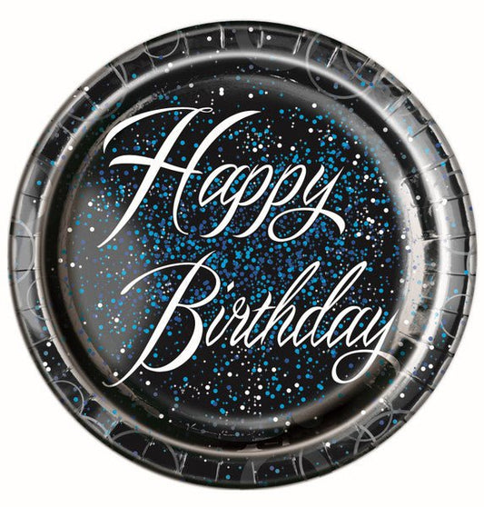 Glitz Blue "Happy Birthday" Paper Plates 23cm (Pack of 8) - The Party Marketplace