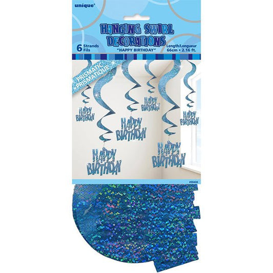 Glitz Blue "Happy Birthday" Prismatic Hanging Swirl Decorations (Pack of 6) - The Party Marketplace