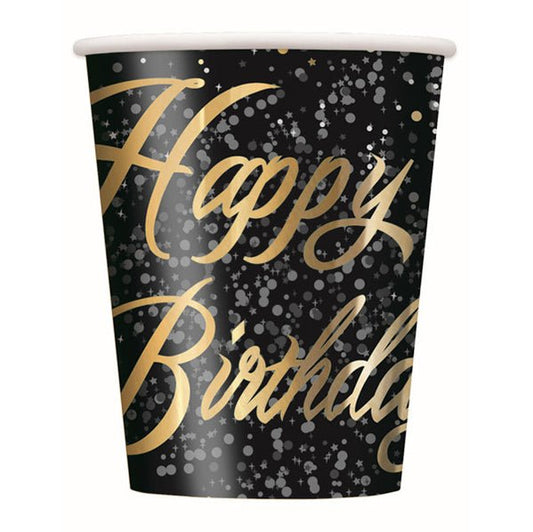 Glitz Gold "Happy Birthday" Foil Stamped Paper Cups 270ml (Pack of 8) - The Party Marketplace