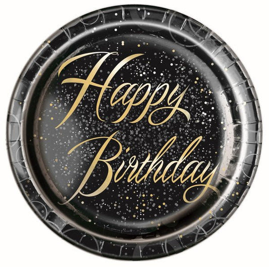 Glitz Gold "Happy Birthday" Foil Stamped Paper Plates 23cm (Pack of 8) - The Party Marketplace